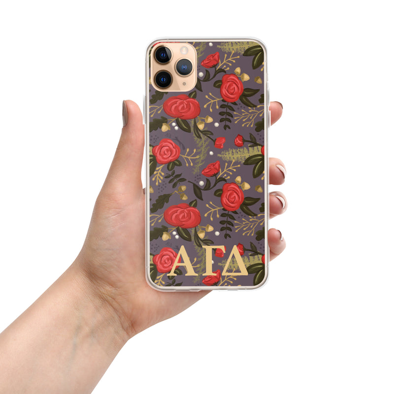 Alpha Gam Red Rose Floral Print iPhone 11 Pro Max Case, Gray
