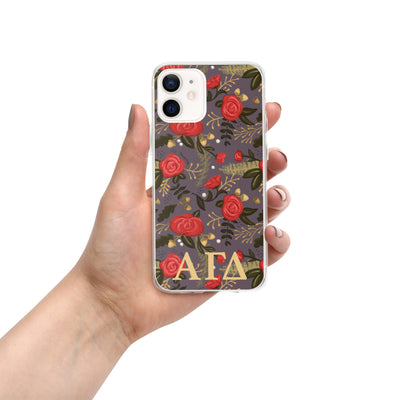 Alpha Gam Red Rose Floral Print iPhone 12 Case, Gray