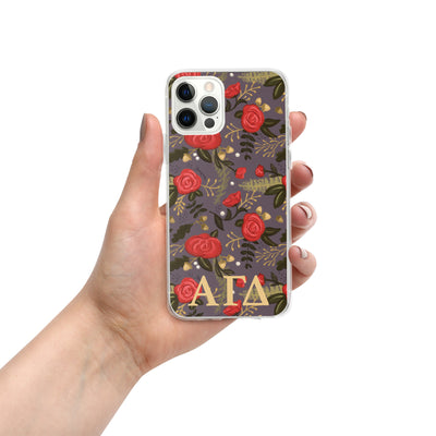 Alpha Gam Red Rose Floral Print iPhone 12 Pro Case, Gray