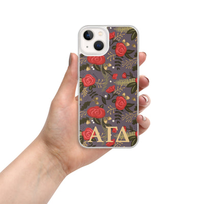 Alpha Gam Red Rose Floral Print iPhone 13 Case, Gray