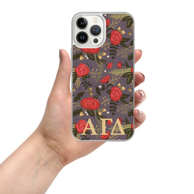 Alpha Gam Red Rose Floral Print iPhone 13 Pro Max Case, Gray