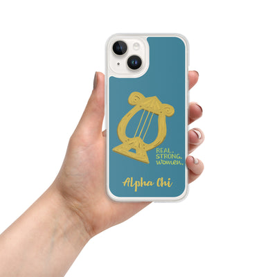 Alpha Chi Omega Lyre Real. Strong. Women Teal iPhone 14 Case
