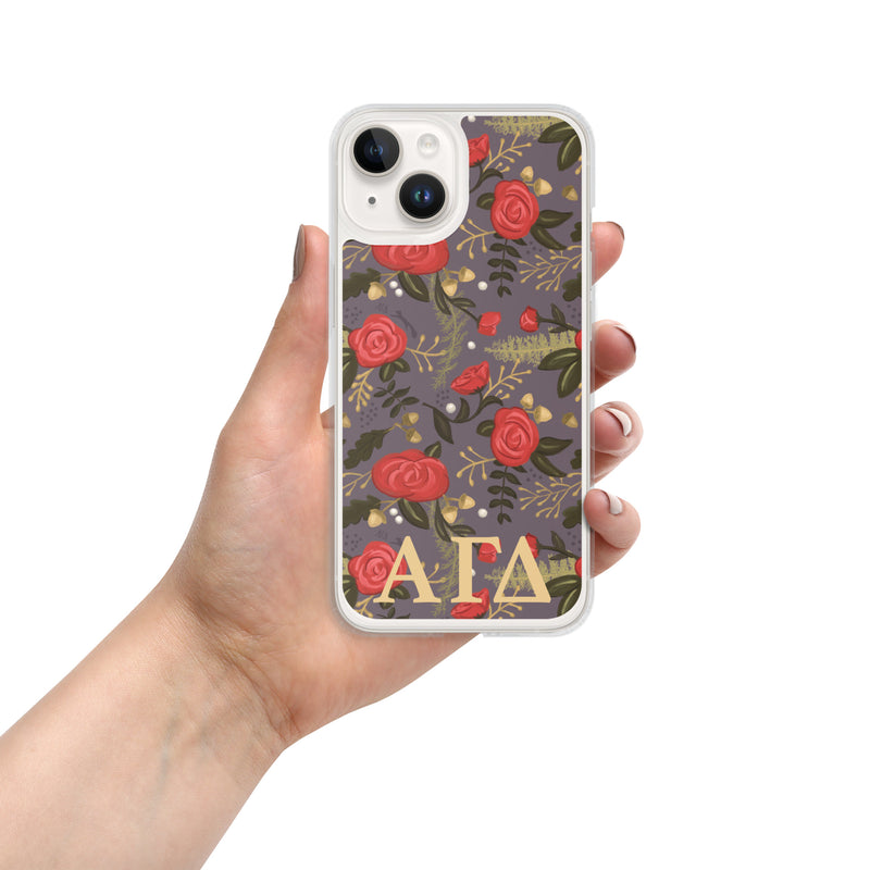 Alpha Gam Red Rose Floral Print iPhone 14 Case, Gray