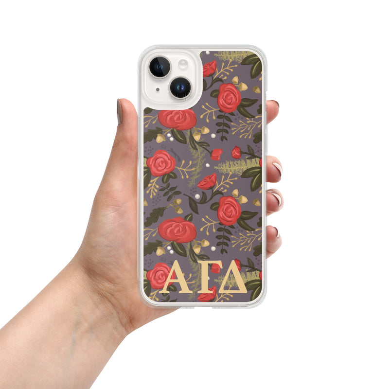 Alpha Gam Red Rose Floral Print iPhone 14 Plus Case, Gray
