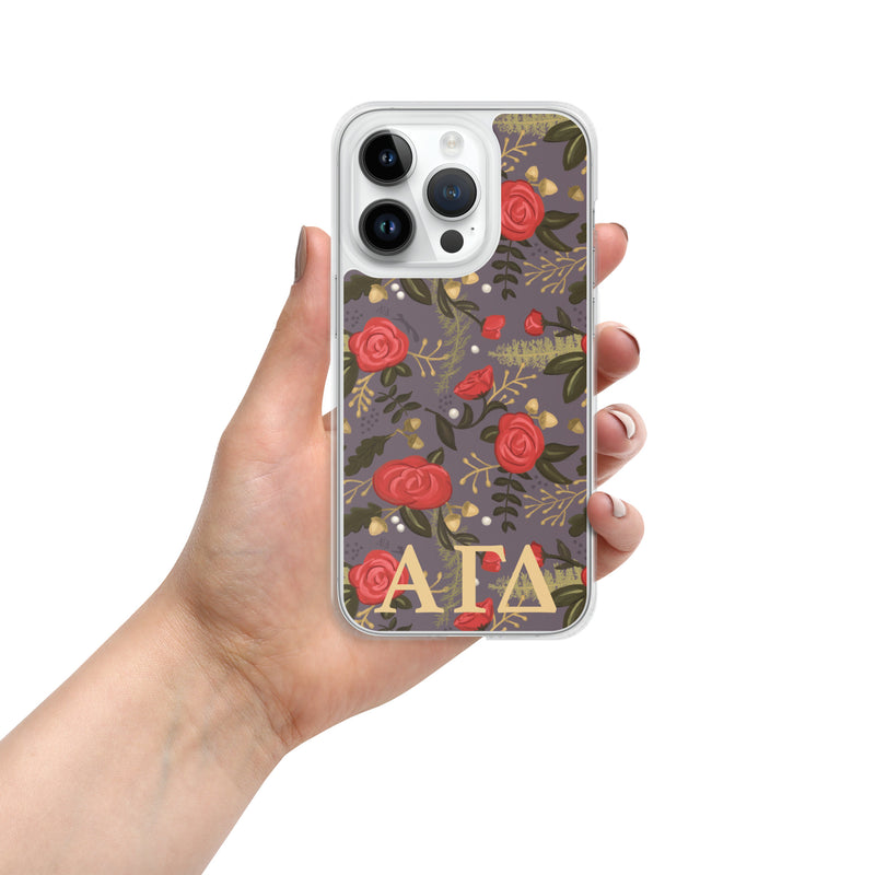 Alpha Gam Red Rose Floral Print iPhone 14 Pro Case, Gray