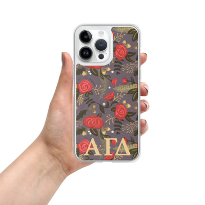 Alpha Gam Red Rose Floral Print iPhone 14 Pro Max Case, Gray