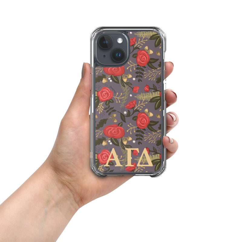 Alpha Gam Red Rose Floral Print iPhone 15 Case, Gray