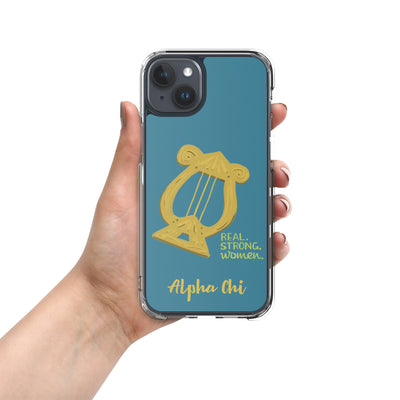 Alpha Chi Omega Lyre Real. Strong. Women Teal iPhone 15 Plus Case