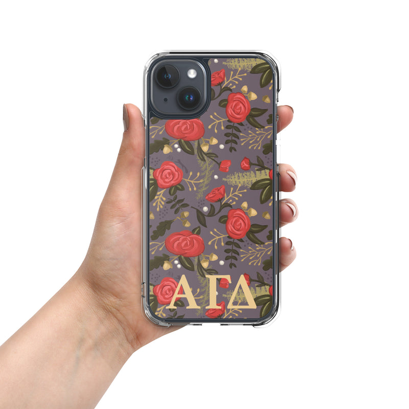 Alpha Gam Red Rose Floral Print iPhone 15 Plus Case, Gray