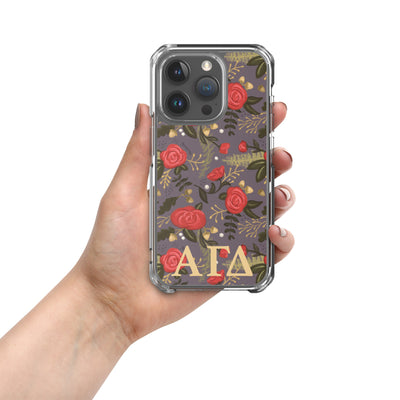 Alpha Gam Red Rose Floral Print iPhone 15 Pro Case, Gray