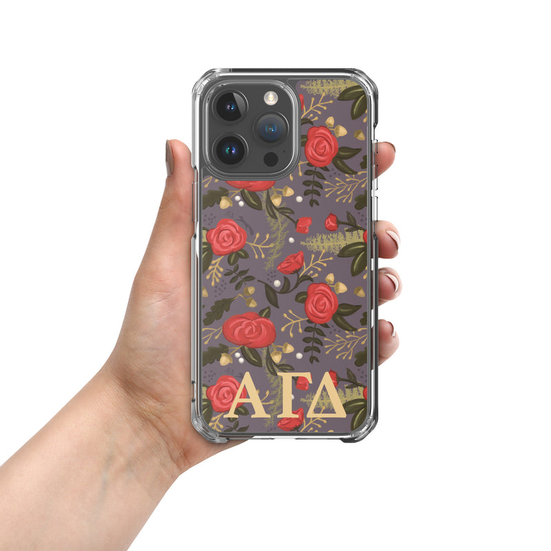 Alpha Gam Red Rose Floral Print iPhone 15 Pro Max Case, Gray