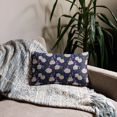 Delta Gamma Sorority Pillow showing Navy blue floral print on back of lumbar pillow in 20" x 12" size