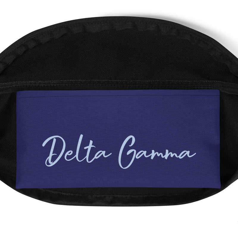 Inside of Delta Gamma Alumna fanny pack printed with sorority name