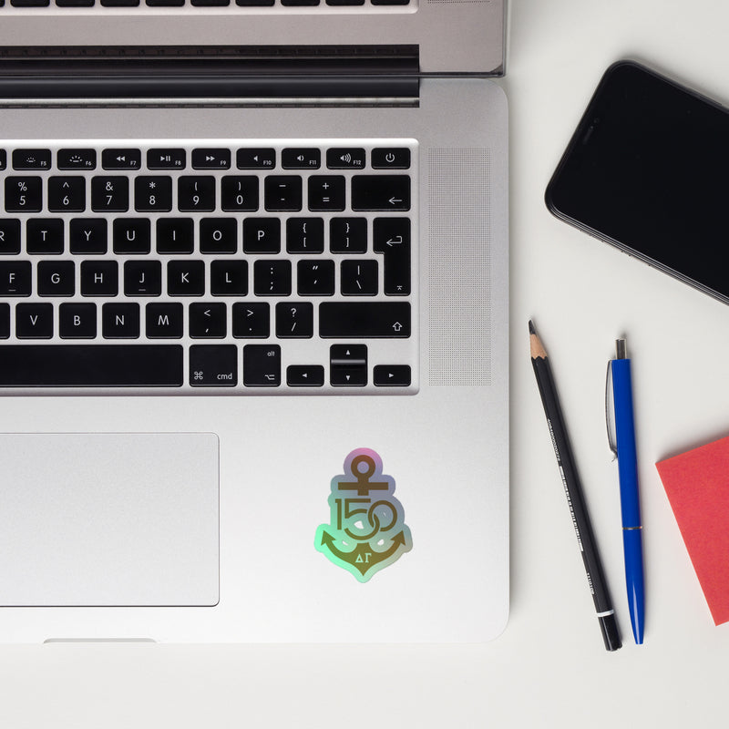 Delta Gamma 150th Anniversary Sticker shown on laptop computer keyboard in 4" size