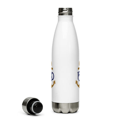 Delta Gamma Sorority Water Bottle with Navy Bronze 150th logo showing print on both sides