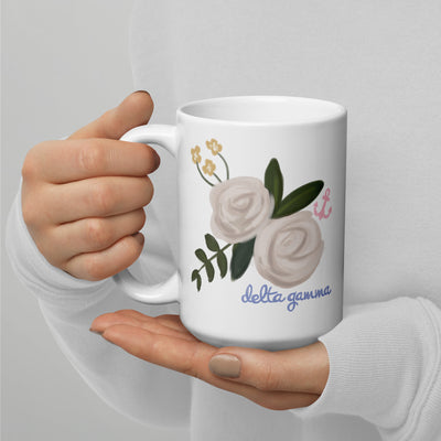 Delta Gamma Mom Mug in 15 oz size  showing hand-drawn Dee Gee design