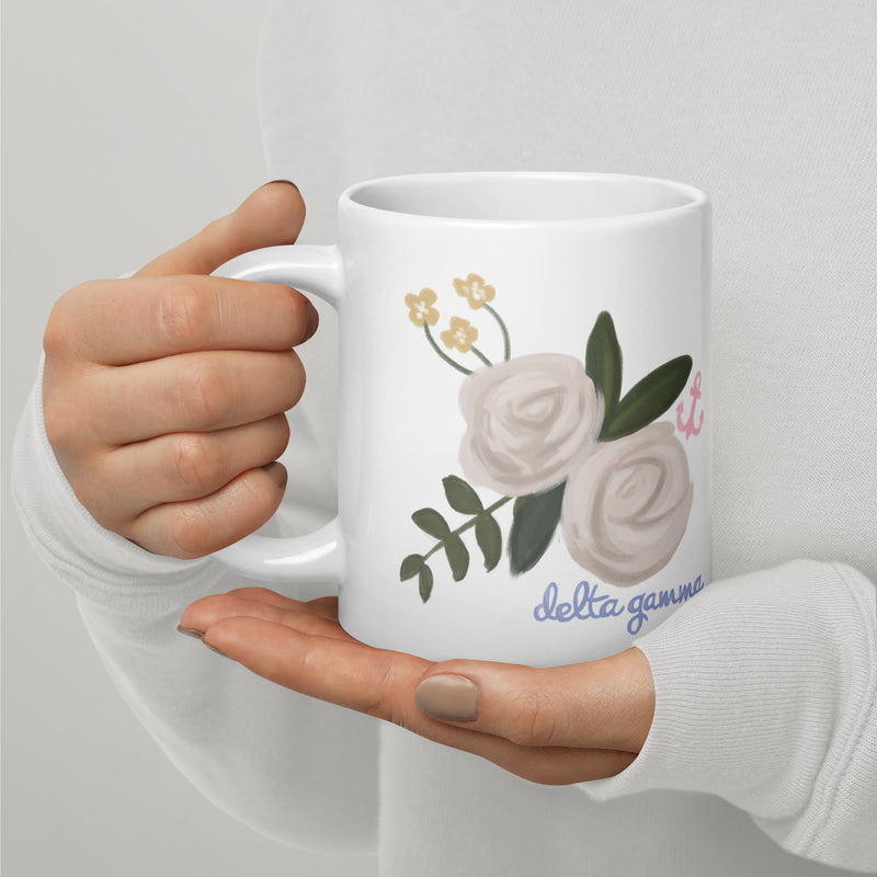 Delta Gamma Mom Mug in 20 oz size with hand-drawn Delta Gamma design 