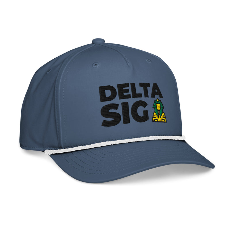 Delta Sigma Phi Classic Rope Cap in blue with embroidered Delta Sig design on front shown in side view