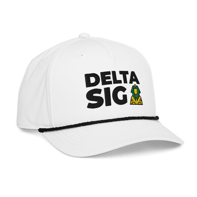 Delta Sigma Phi Classic Rope Cap in white showing  Delta Sig design on front of cap