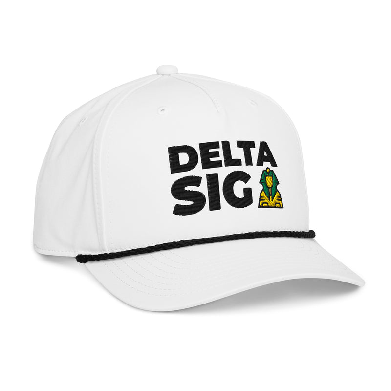 Delta Sigma Phi Classic Rope Cap in white showing  Delta Sig design on front of cap