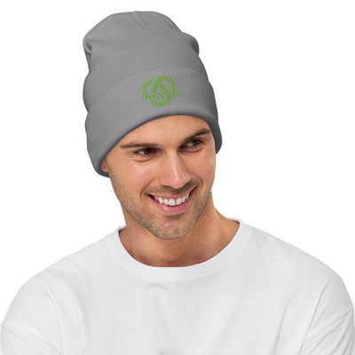 Delta Sigma Phi Knot Beanie in Gray with green knot symbol on front shown on model