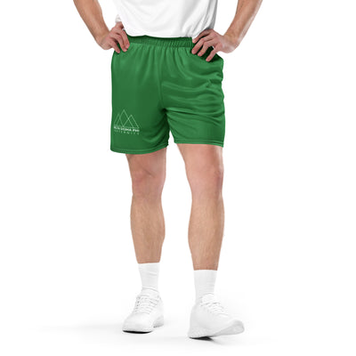 Delta Sigma Phi Mesh Shorts with horizontal logo in green shown on model