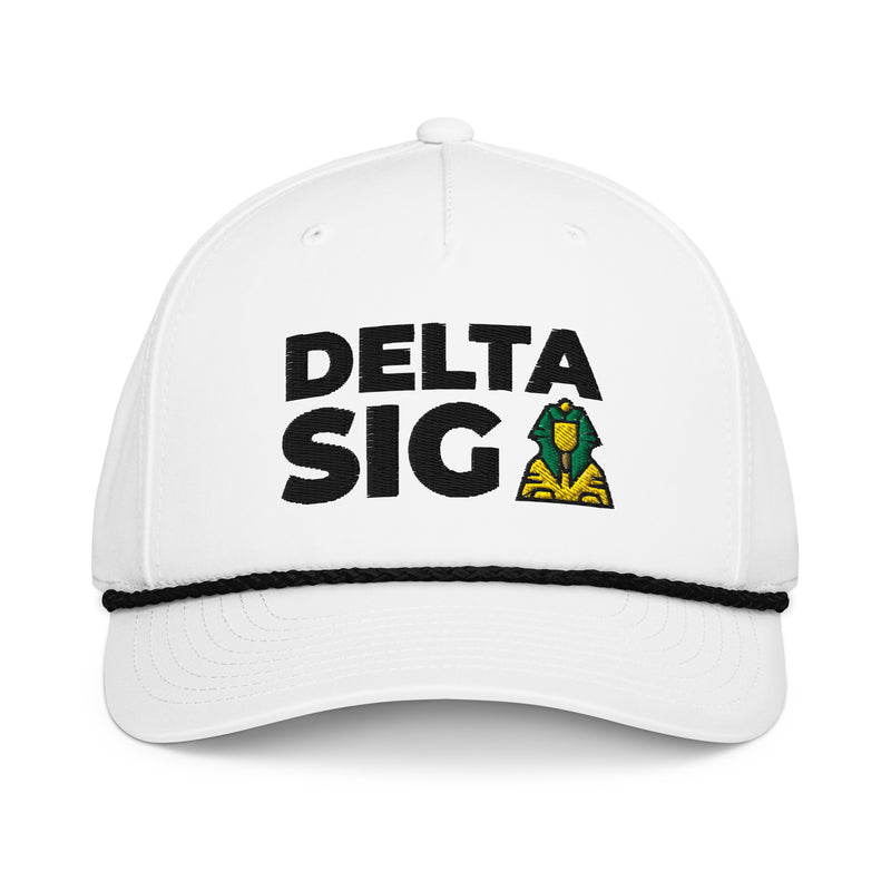 Delta Sigma Phi Classic Rope Cap in white showing  Delta Sig design on front of cap