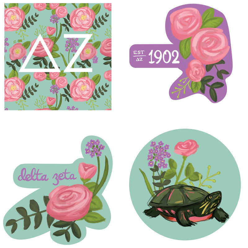 Delta Zeta Sorority Stickers showing 4 unique sorority designs inspired by Delta Zeta symbols