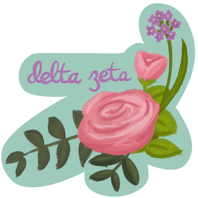 Delta Zeta Sorority Sticker with pink killarney rose and sorority name