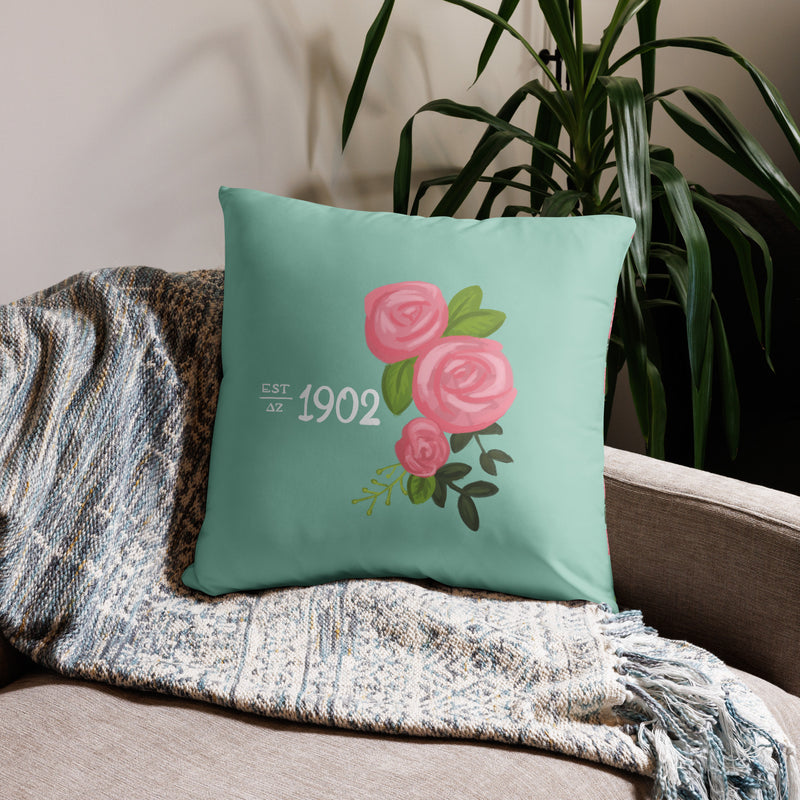 Delta Zeta 1902 Sorority Pillow in green 22" x 22" size shown on couch