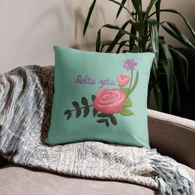 Delta Zeta Sorority Pillow in 22" x 22" size pillow shown on couch