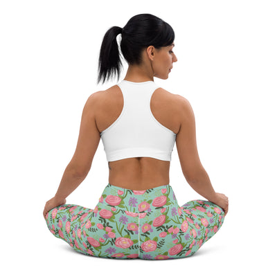 Delta Zeta Sorority Leggings with rose floral print in green shown on model in rear view