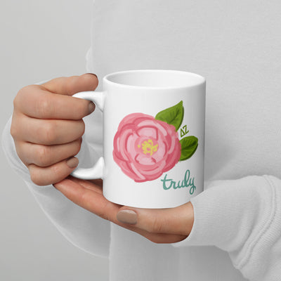 Delta Zeta Sorority Mom Mug in 11 oz size with Truly design shown in model's hands