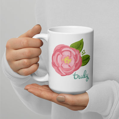 Delta Zeta Sorority Mom Mug in 15 oz size showing Truly design shown in model's hands