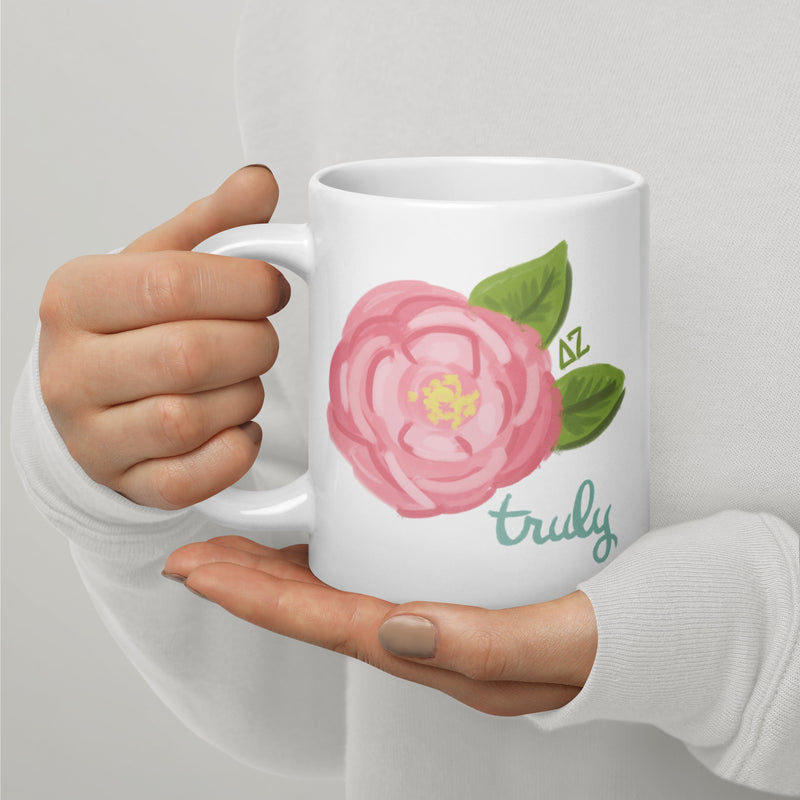 Delta Zeta Sorority Mom Mug in 20 oz size showing Truly design in model&