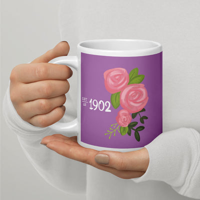 Delta Zeta Sorority Mug in 20 oz size with 1902 design in purple