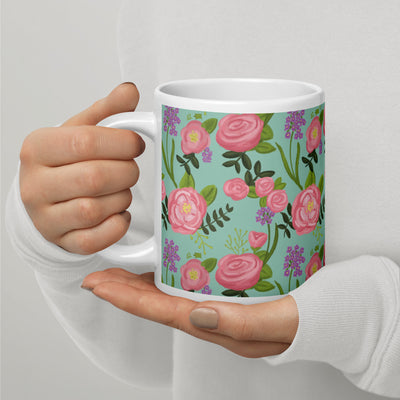 Delta Zeta Sorority Mug in 20 oz size with rose floral print with handle on left