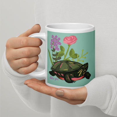 Delta Zeta Sorority Mug in 20 oz size with hand-drawn turtle mascot design in green