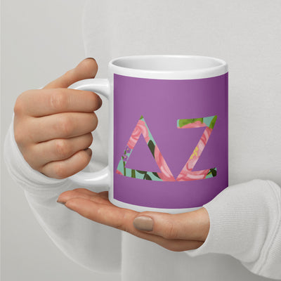 Delta Zeta Sorority Mug in 20 oz size with filled letters on a purple background