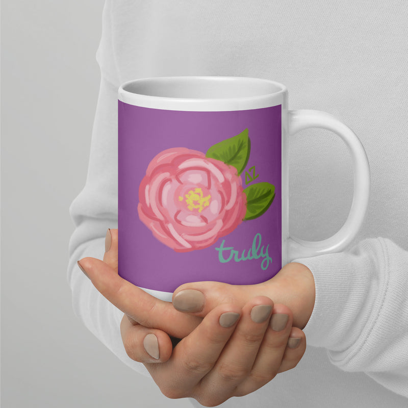 Delta Zeta Sorority Mug in 20 oz size with Truly design in purple with handle on right