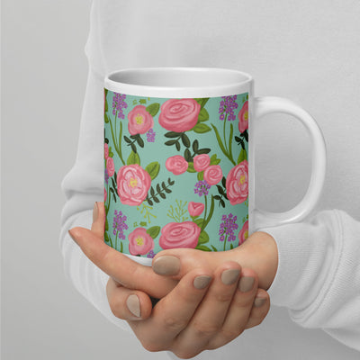 Delta Zeta Sorority Mug in 20 oz size with rose floral print with handle on right