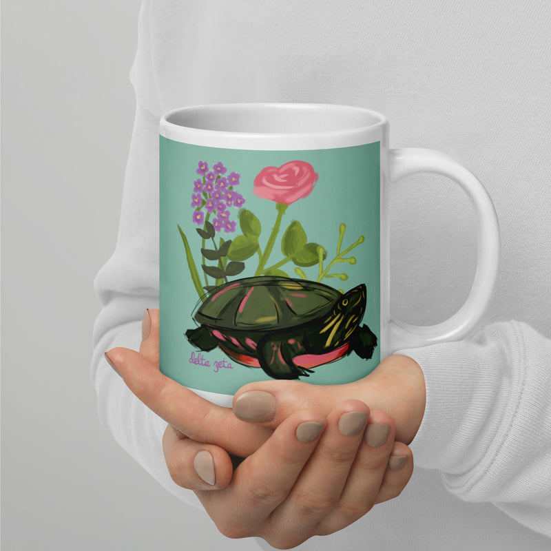 Delta Zeta Sorority Mug in 20 oz size with hand-drawn turtle mascot design in green