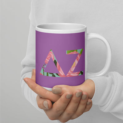 Delta Zeta Sorority Mug in 20 oz size with filled letters on a purple background