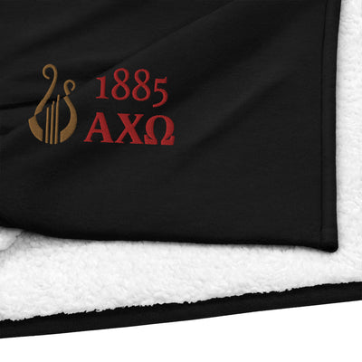 Alpha Chi Omega Plush Embroidered Sherpa Blanket showing product detailing
