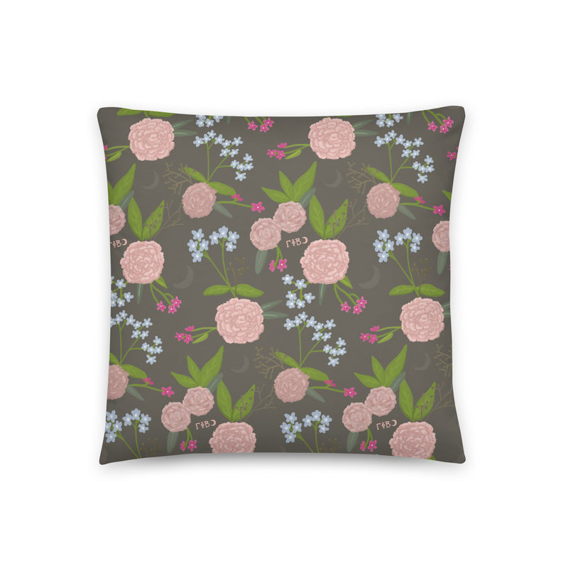 G Phi 150th Anniversary Brownstone Pillow showing carnation floral print