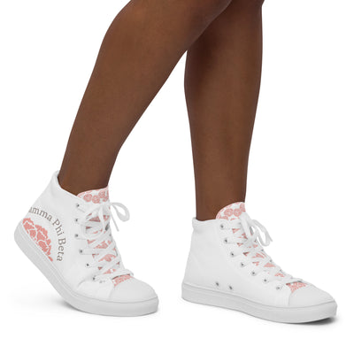 G Phi 150th Anniversary Carnation High Tops, White on woman's feet