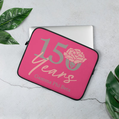 Gamma Phi Beta 150th Anniversary Laptop Sleeve in 13' size shown in lifestyle setting