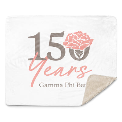 Gamma Phi Beta 150th Anniversary Blanket showing Sherpa fleece on back