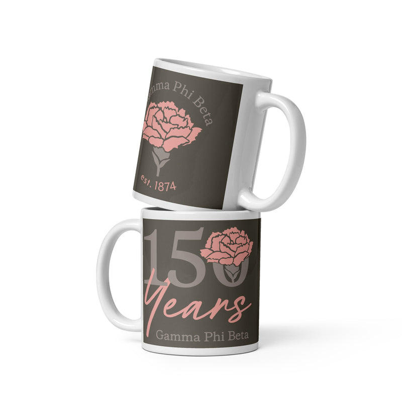 Gamma Phi Beta 150th Anniversary Mug in brownstone with 2 sided designs shown stacked