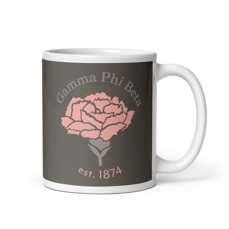 Gamma Phi Beta 150th Anniversary Mug showing est 1874 design in brownstone